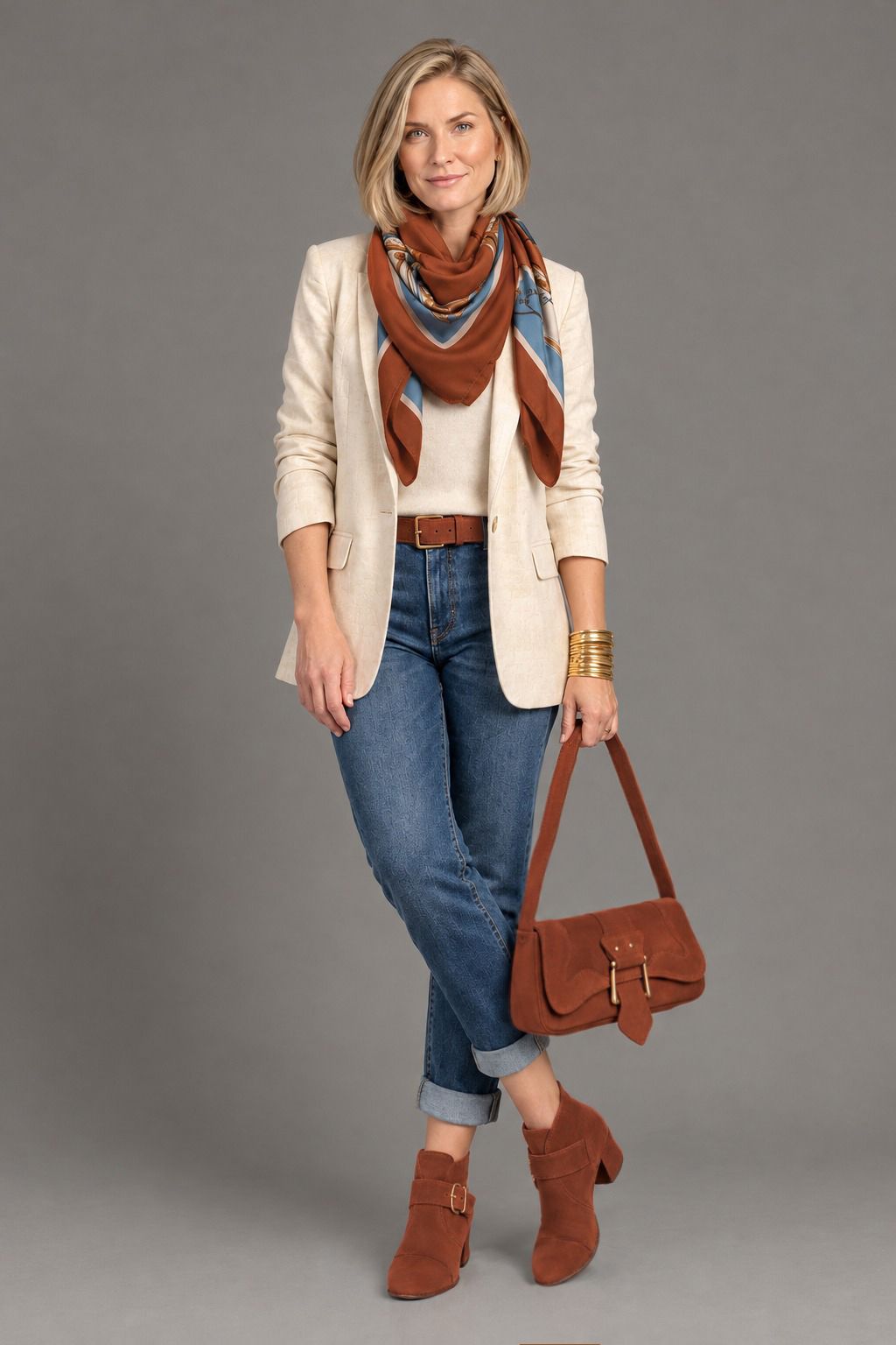 Women's terracotta front-buckle ankle boots with round toe and low flared heel - Top view